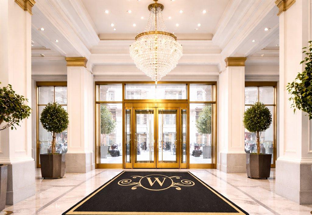 Black personalized coir door mat with a natural-colored monogram initial, shown at a lobby entrance