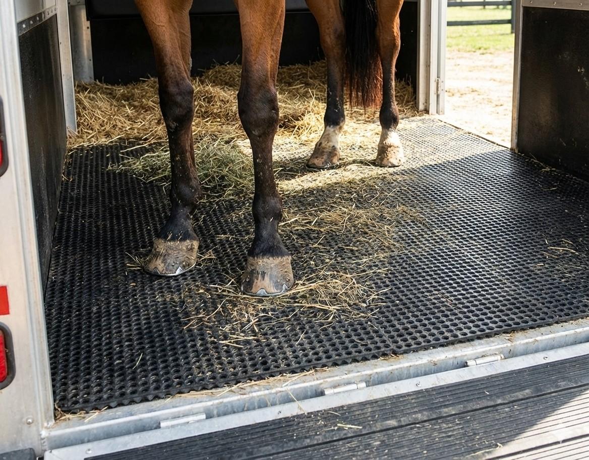Horse standing in a trailer on heavy-duty rubber trailer floor mats designed for traction, safety, and equine transport protection.