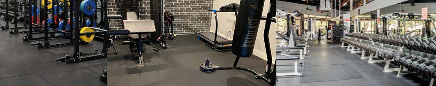 Commercial gym flooring with heavy-duty rubber mats supporting strength training equipment and weight areas. category banner