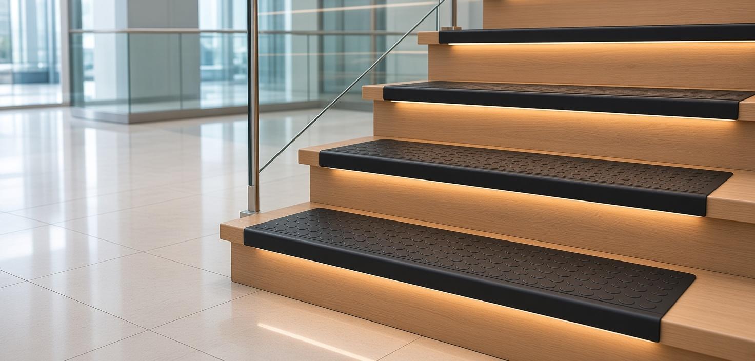 Black rubber stair treads with raised disc surface and wrapped nosing installed on light wood stairs in a commercial lobby