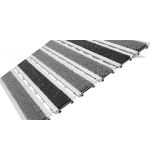 Recessed aluminum hinged walk-off mat seated flush in an entrance floor well