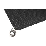 Black conductive diamond plate vinyl runner with grounding cord along an electronics assembly aisle