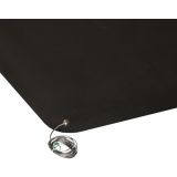 Black smooth-surface conductive vinyl runner with beveled edge and grounding cord at a workstation