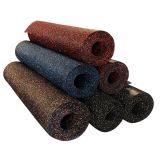  Stack of rolled rubber gym flooring in black with red, blue, and multicolor fleck blends