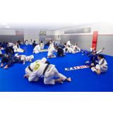 Royal blue martial arts matting rolled out across a dojo training floor