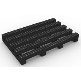Black open-grid PVC pool deck mat with a diamond tread pattern draining water
