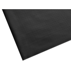 Black Protect vinyl floor runner matting with pebble texture laid along a warehouse stock-room aisle